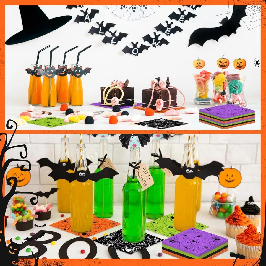 100 قطعة مناديل الهالوين على شبكة العنكبوت مناديل كوكتيل ورقية للحفلات والغداء والعشاء 4 ألوان لتزيين الطاولة المشروبات T