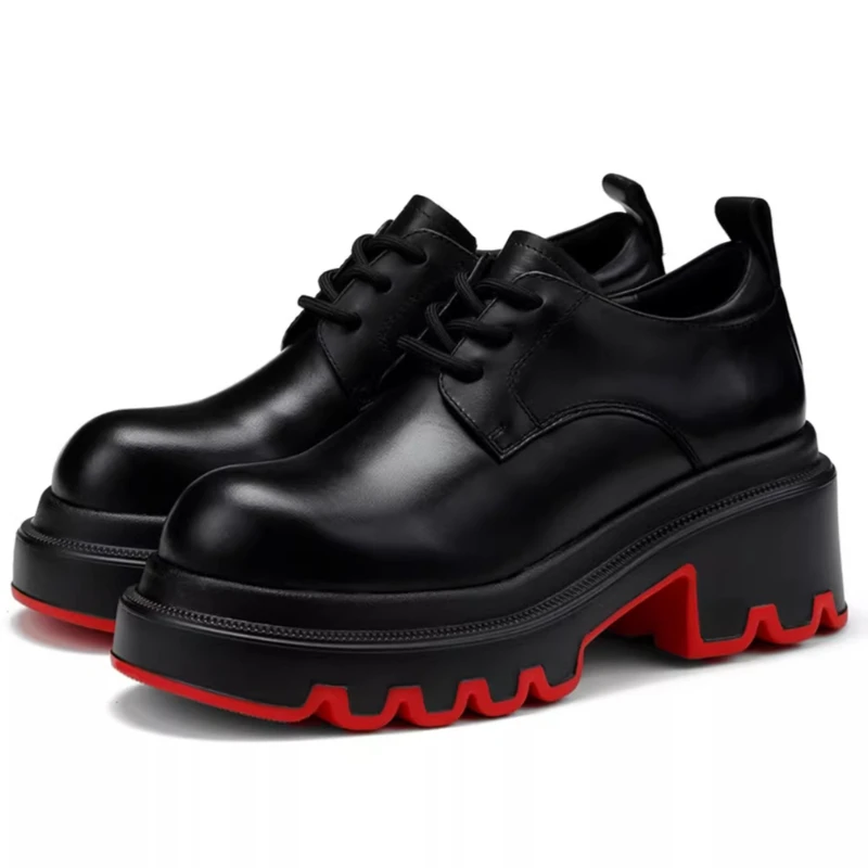 Europe/America Small Leather Shoes for Women's Genuine Leather Black Red Casual Thick-soled Heightening Loafers High Heel Pumps
