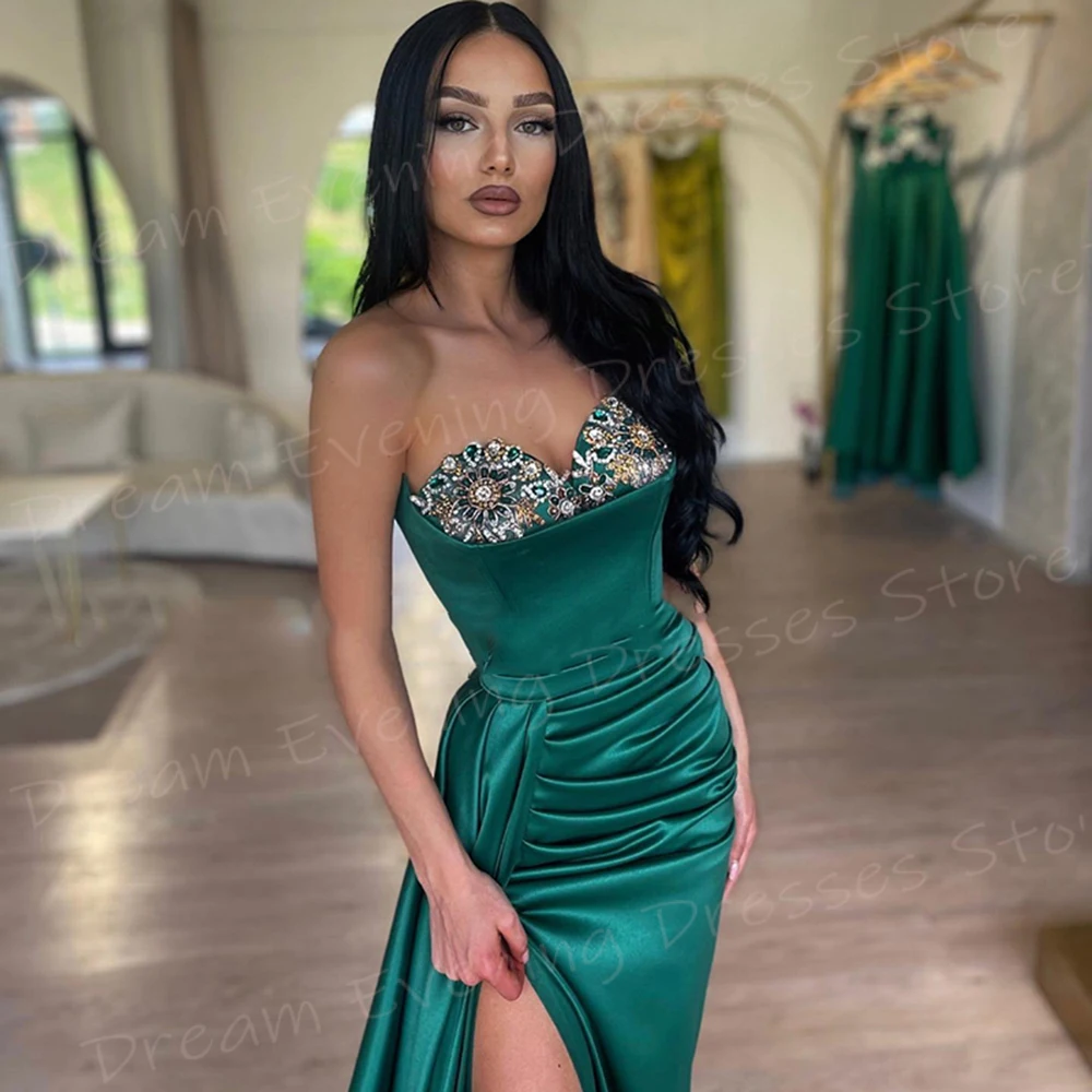 Pretty Green Mermaid Generous Women's Evening Dresses Classic Strapless Sleeveless Prom Gowns Beaded Side Split Vestido De Noche