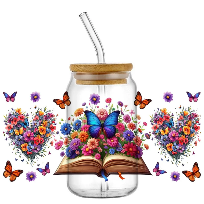 Bright Butterfly Floral UV DTF Cold Transfer Stickers Waterproof Anti-Scratch For 16oz Glass Can Handmade Tumbler Decor