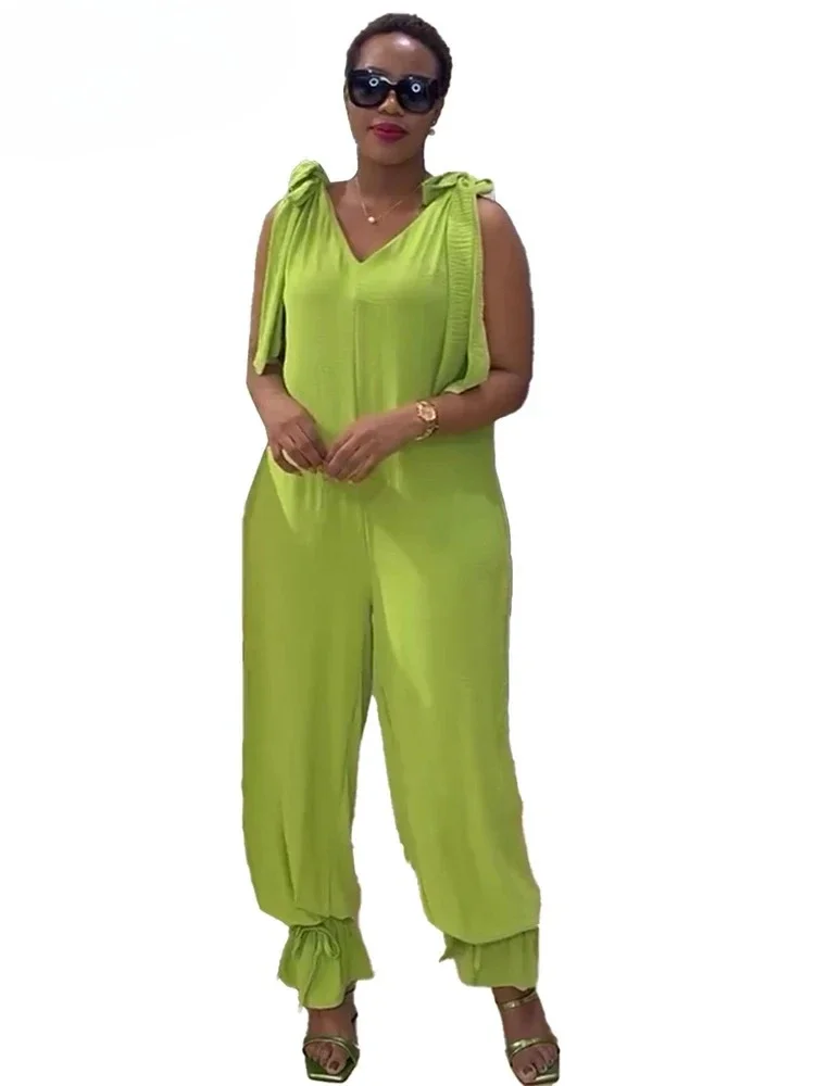 

Customized Casual Lace-up Bandage Jumpsuit Green Loose Wide Leg Jogger Pants Women V-Neck Sleeveless New In One Pieces Rompers 2