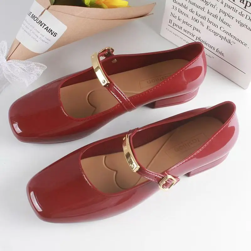

Women Waterproof Square Toe Flat Sole Shoes Spring Autumn New Shallow Buckle Strap Mary Jane Shoes Commuter Shoes Mom Nude Shoe