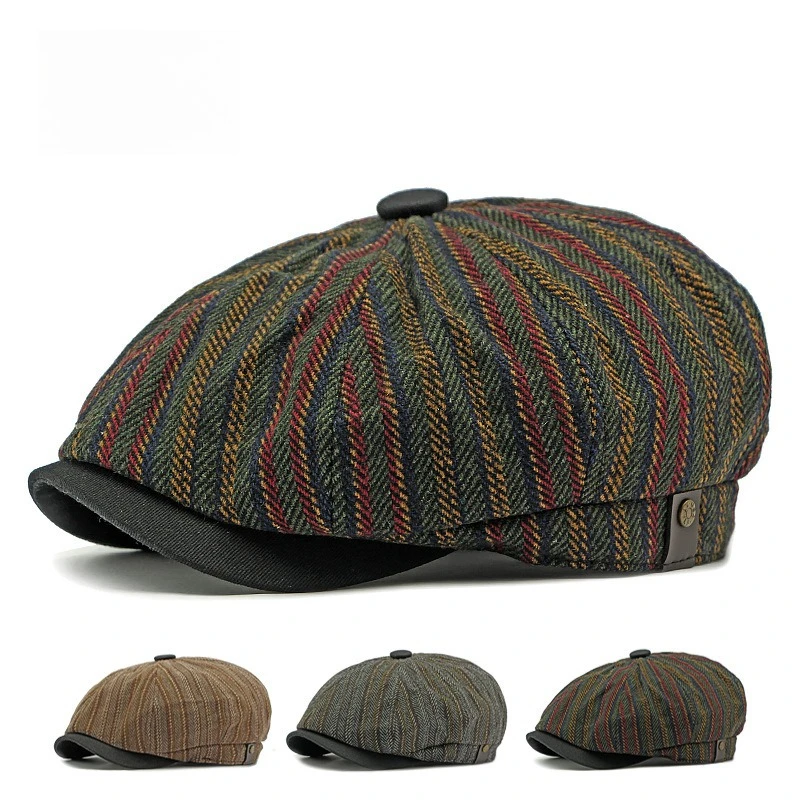 Men Vintage Striped Tweed Newsboy Cap Adjustable Octagonal Cap Retro Herringbone Ivy Hat Autumn Winter Warm Driving Beret Cap