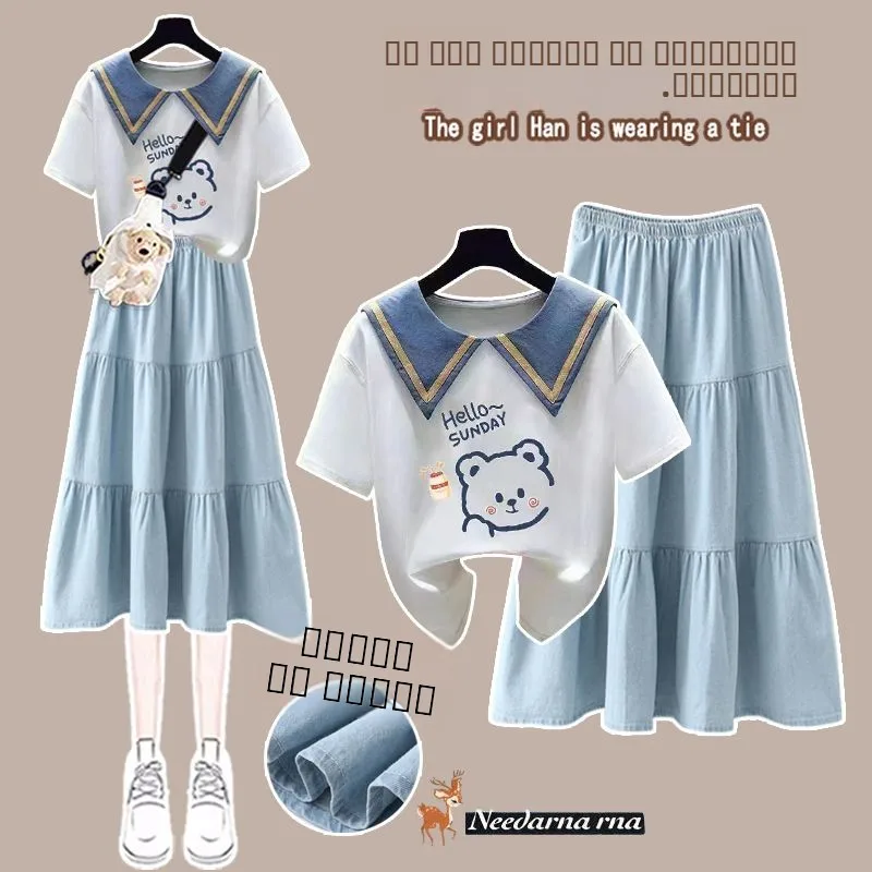 

Sweet School Girl Sle f Skirt ort Sve T-irt Set for Junior High Students Korean Sle Fre And Youthful