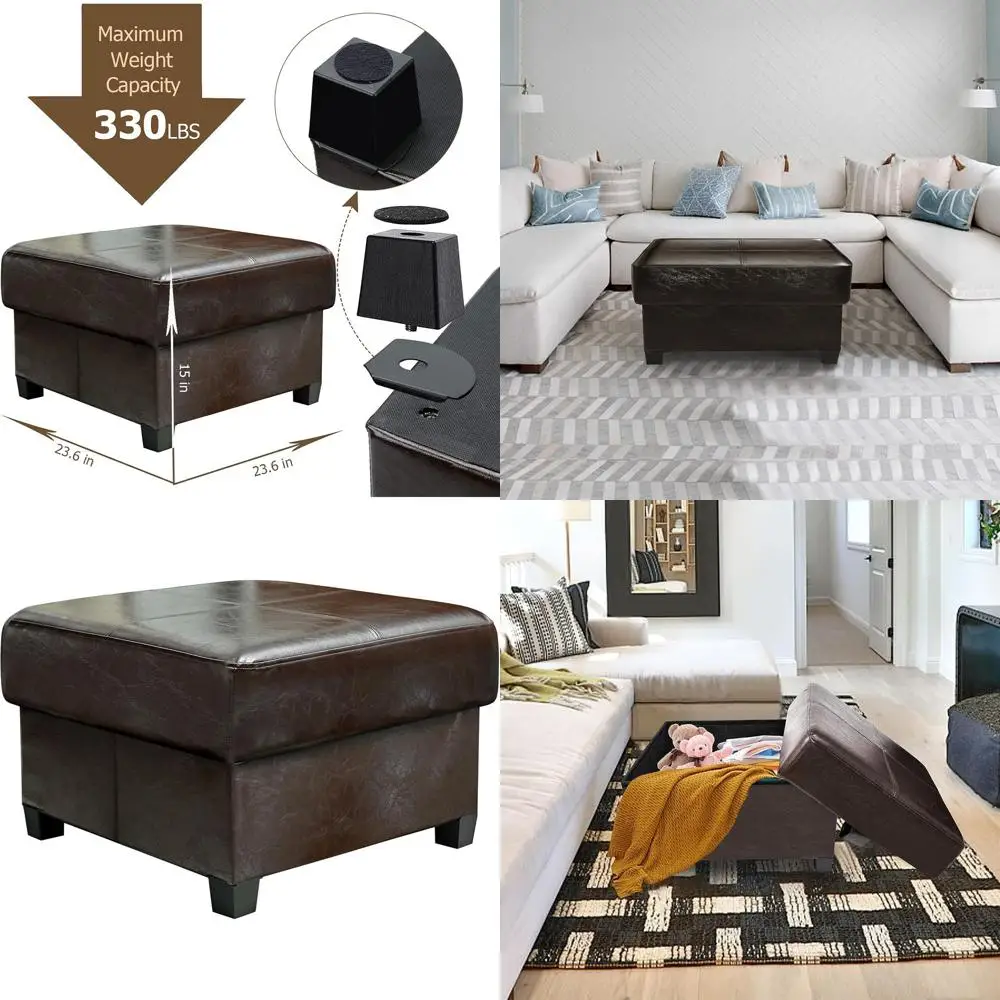 

Brown Leather Cube Ottoman with Storage, 23.6x23.6x15, Living Room Footstool Bench