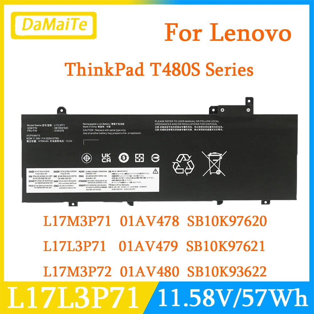 L17L3P71 01AV478 Laptop Battery For Lenovo ThinkPad T480S Series SB10K97620 SB10K97622 01AV479 01AV480 L17M3P71 L17S3P71