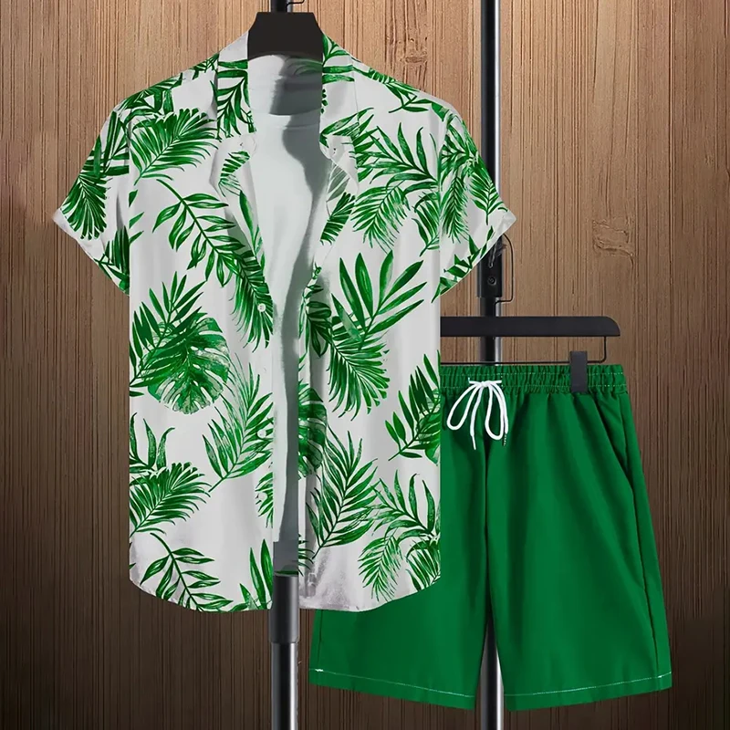 Stylish Lapel Button-Down Shirt Shorts Set Summer Men's Short-Sleeved Shirt Drawstring Shorts 2-Piece 3D Leaf Print Travel Suit