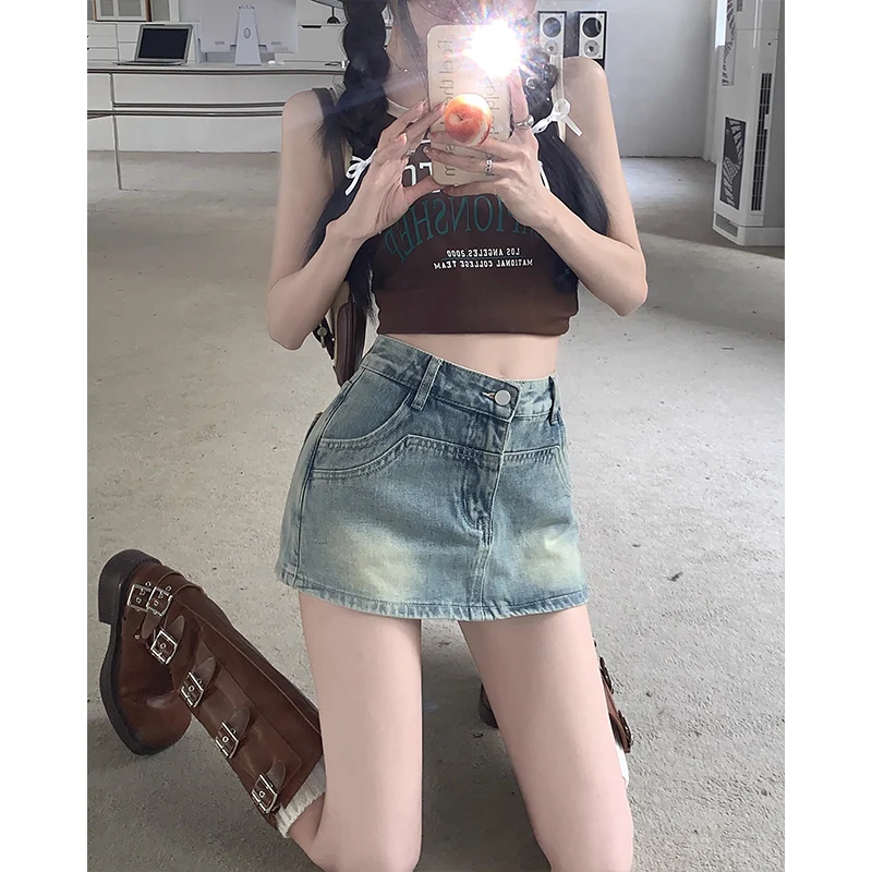 American retro washed high-waisted denim bustier female summer 2024 new Spice Girls skirt shorts skirt package hip short skirt