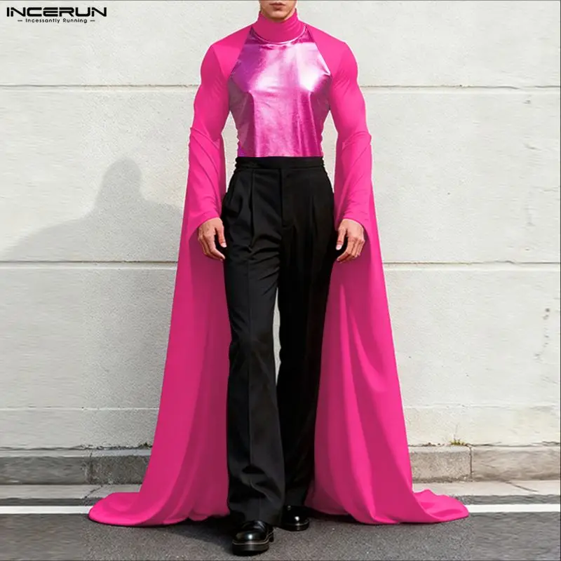 

Мужская футболка INCERUN с длинным рукавом, блестящая, с воротником-стойкой, в стиле пэчворк, уличная мода 2026, оригинальные модные футболки нестандартного кроя