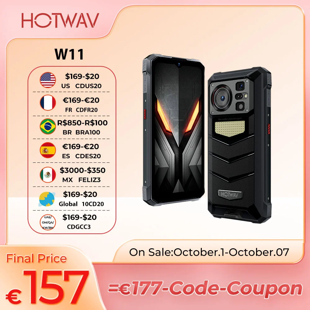 HOTWAV W11 견고한 스마트폰, 6.6 인치 FHD + 24MP 야간 투시경, 20800mAh 280LM 손전등, 33W 고속 충전 휴대폰, 2024 신제품 