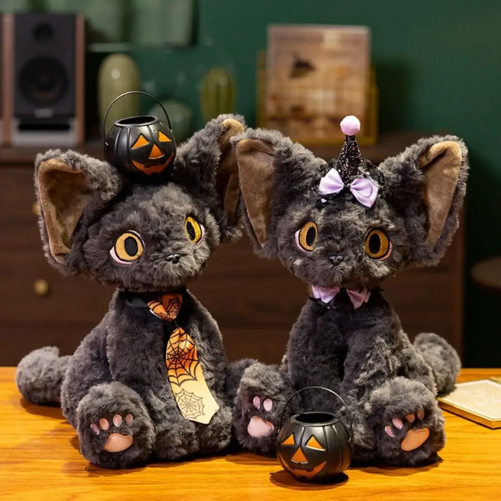 

Halloween Style Devon Rex Cat Plush Toy Pumpkin Basket Big Eyes Devon Rex Throw Pillow German Curly 30cm Black Cat Plush Doll