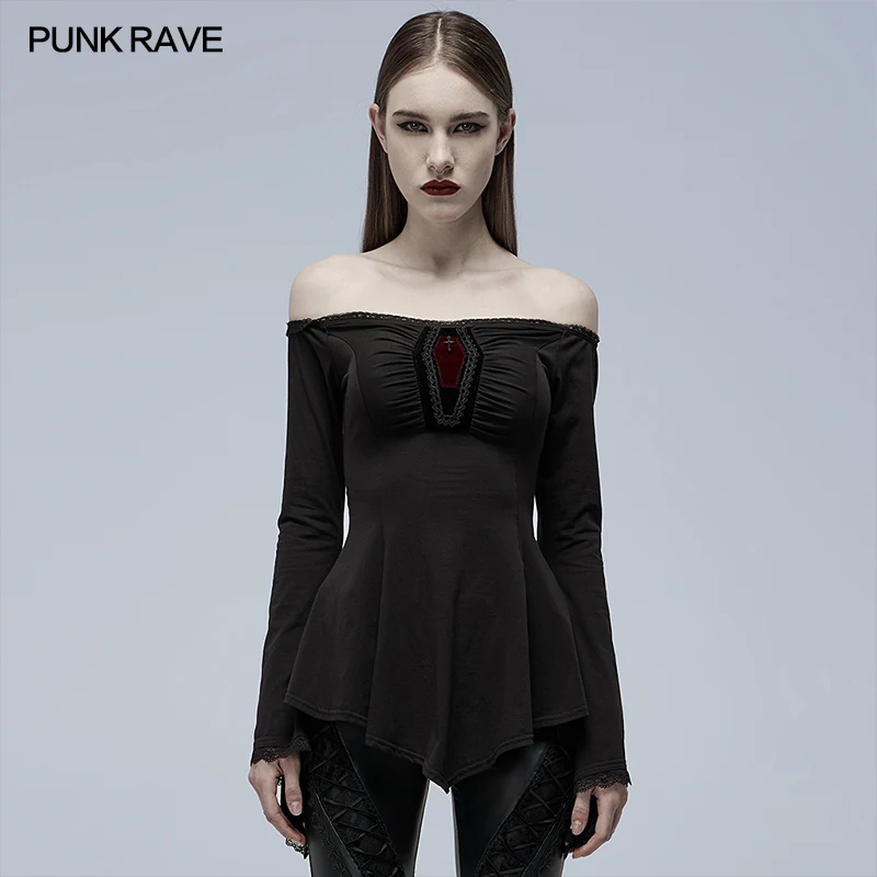 

PUNK RAVE Women's boat neck bare shoulders long sleeve T-shirt Gothic Sexy Club Party Slim Slash Neck Top for Female