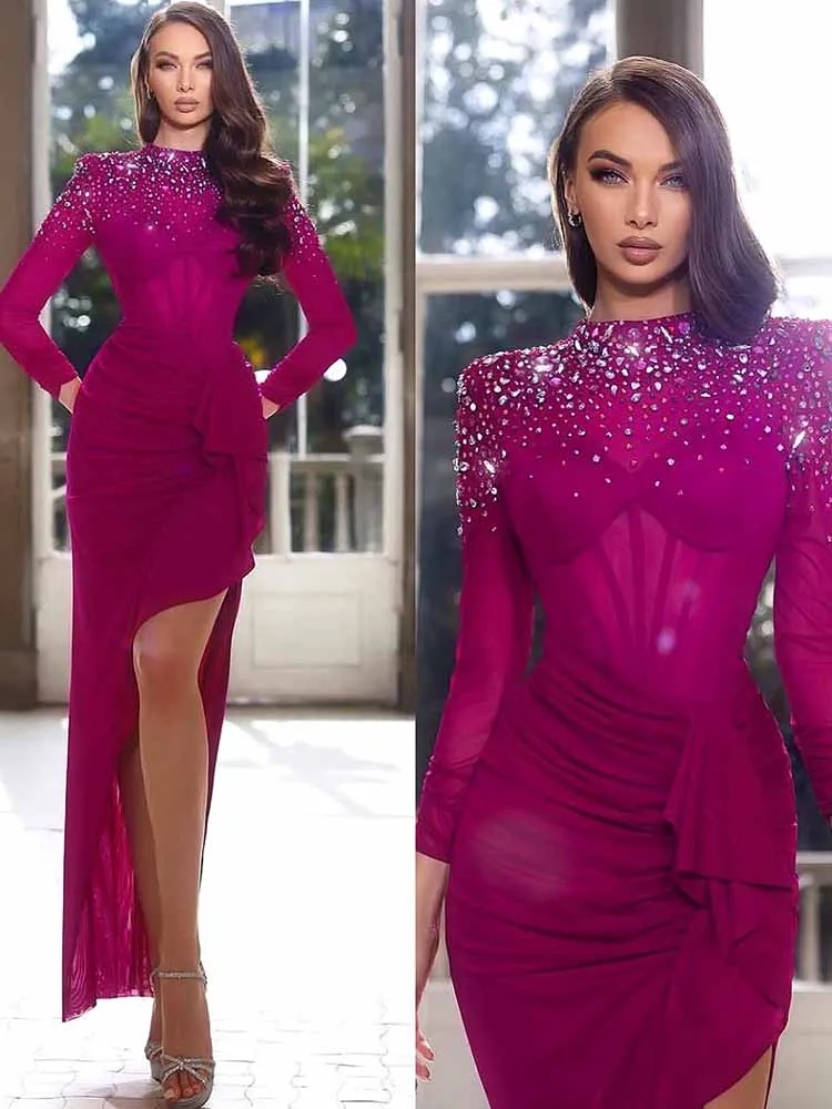 

Роскошные коктейльные платья Шифоновое платье-футляр/колонна для выпускного вечера Фуксия с высоким воротником и кристаллами с разрезом по бокам Платья для особых случаев