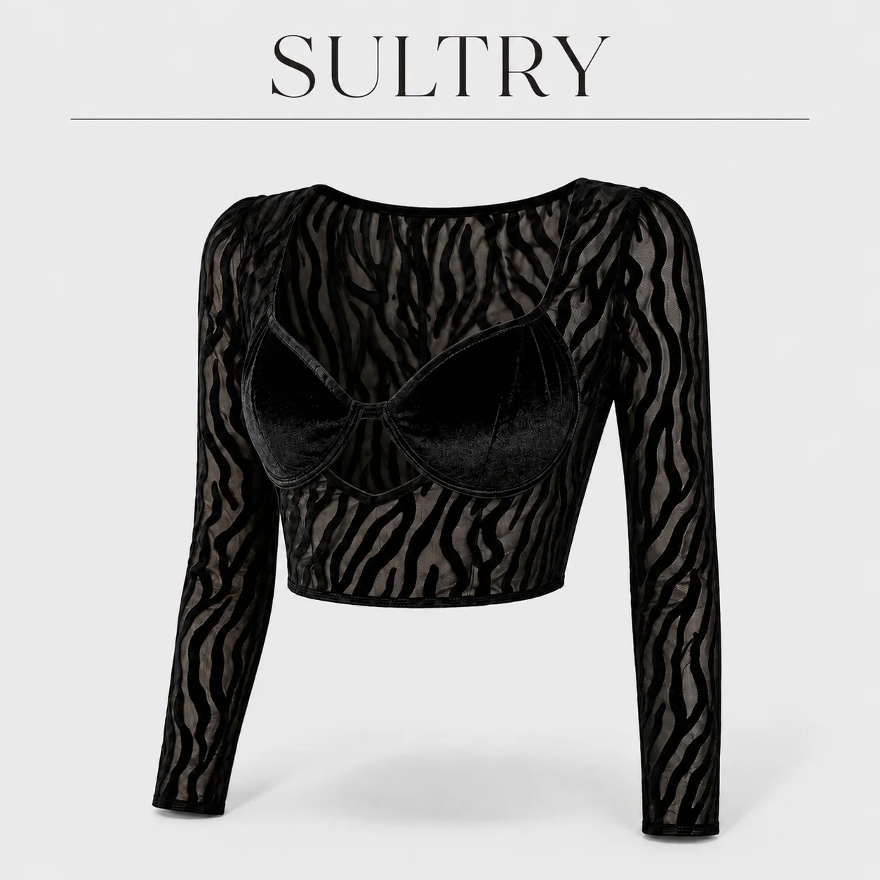 Zebra Stripe Long Sleeve Top Women's Sheer Mesh Underwire Bustier Women Cutout Form Fitting Cropped Corset Top