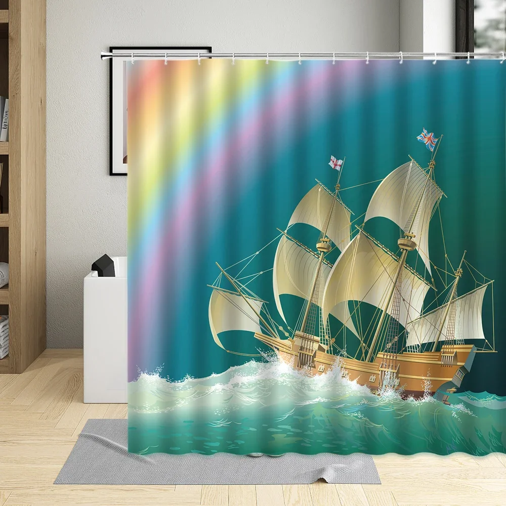 Waterproof Polyester Fabric Shower Curtain, Sailboat, Whale, Sunlight, Rainbow, Nautical, Bathtub Screens, Gold Color