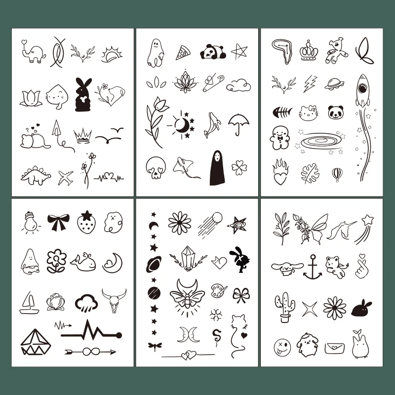 6pcs Cute Mini Waterproof Temporary Tattoo Sticker for Children Black Line Cartoon Pattern Tattoos Face Arm Fake Tattoo Girl