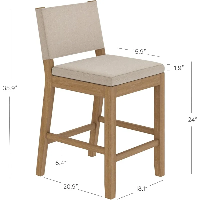 Modern Upholstered Counter Height Bar Stool with Back and Solid Rubberwood Legs