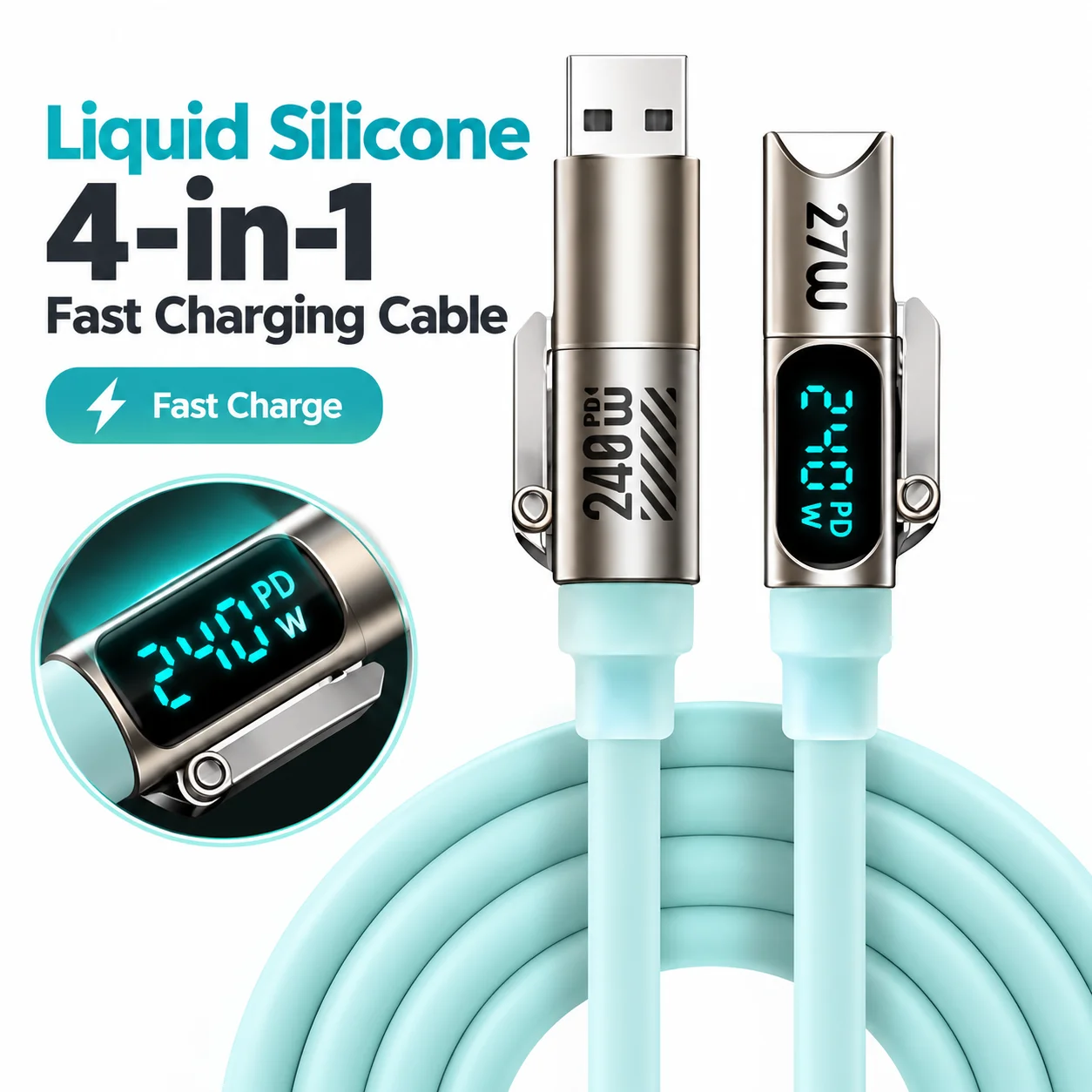 Liquid Silicone 4 in 1 Charging Cable LED Power Display Breathing Light Fast Charge Cord Zinc Alloy Multi Device Cable