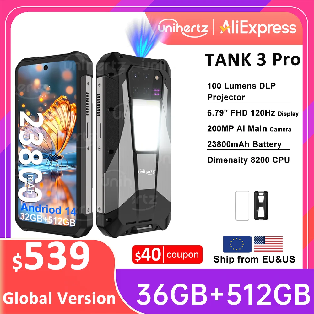 Unihertz 8849 Tank 3 Pro 5G Projector Phone 32GB 36GB RAM 512GB ROM Cell Phone 23800mAh 120W Fast Charger 200MP Camera Dual Sim
