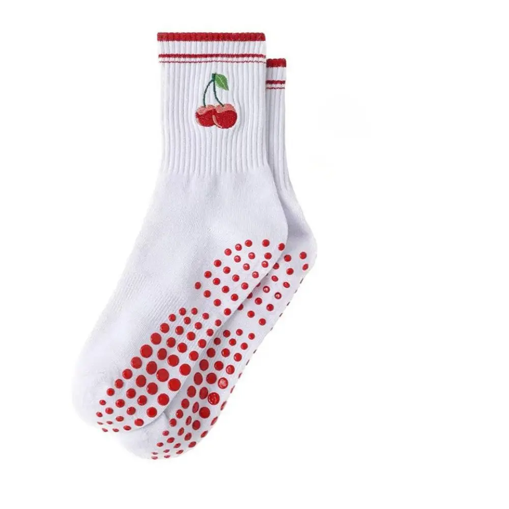 

New Cotton Pilates Socks Breathable Sweat-absorbent Cherry Embroidery Socks Non-Slip Grip Harajuku Street Mid Tube Socks
