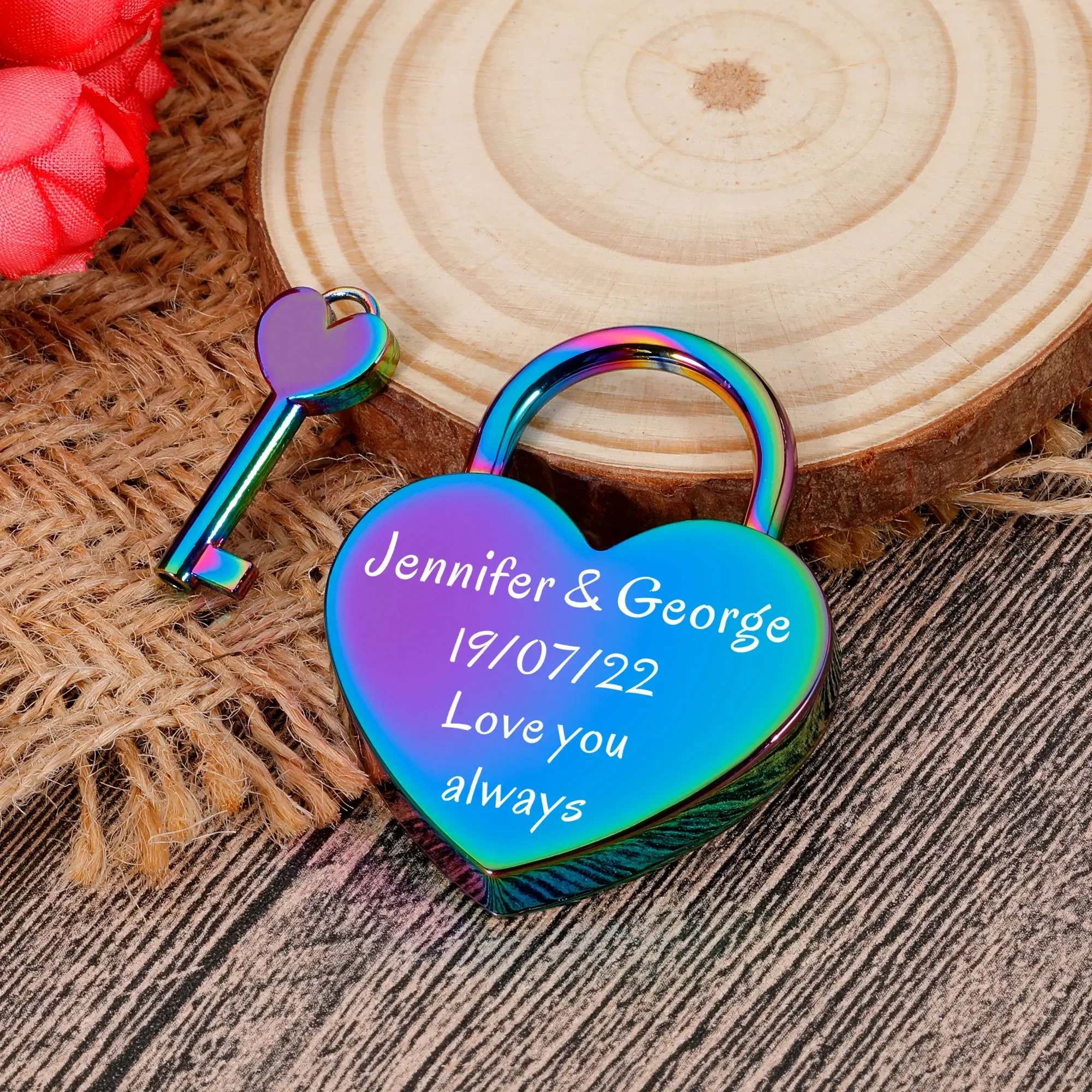 Personalized Couples Rainbow Heart Padlock Engraved Name Date Love Lock with Key for Her Him Valentine's Day Anniversary Gifts