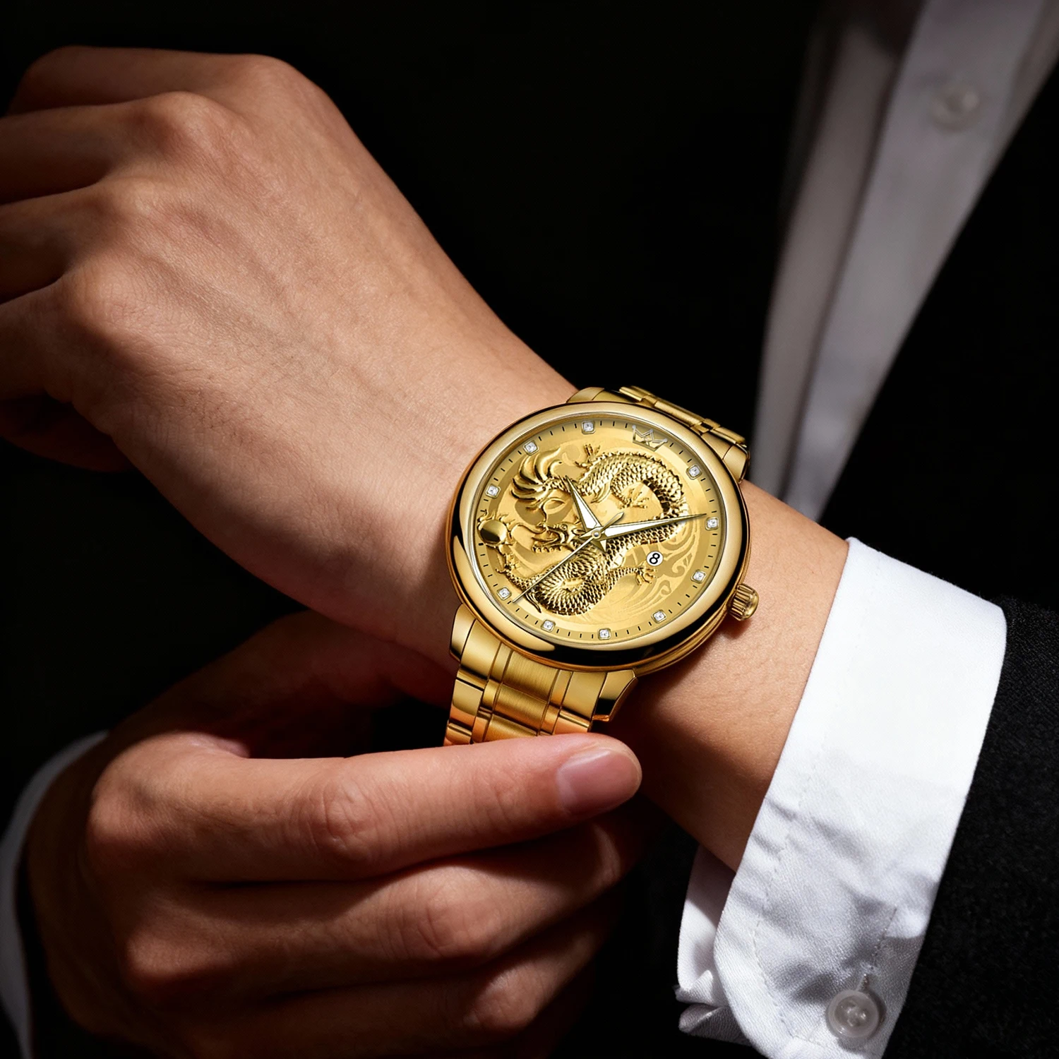 ساعة كوارتز عصرية للرجال بمينا تنين من الفولاذ الماسي 2025 - ساعة يد فاخرة مقاومة للماء