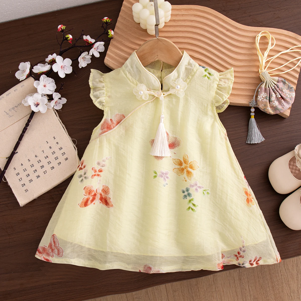 

Baby Girl Dress Summer Cotton Chinese Style Little Flying Sleeve Girls Dresses Cartoon Cute Chinese Style Baby Girl Clothing
