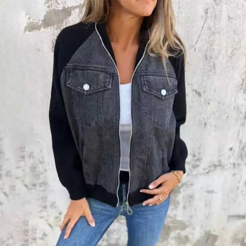 Women's Creative Denim Splicing Jacket Zipper Layered Casual Jean Jacket Coat with Decor Fake Pockets