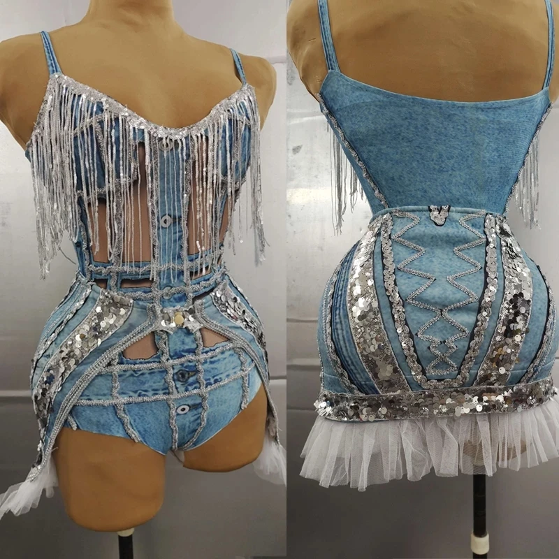 

Sexy Denim Suit Women Fringes Bikini Cutout Bodysuit Nightclub Dj Gogo Costume Rave Clothes Festival Outfit Stage Wear