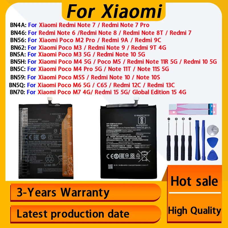 2026 Years Original Battery For Xiaomi Poco M2 M3 M4 M5 M5S M6 M7 Redmi Note 7 8 8T 9 9A 9C 9T 10 10S 11R 11T 11S 15 4G 5G Pro