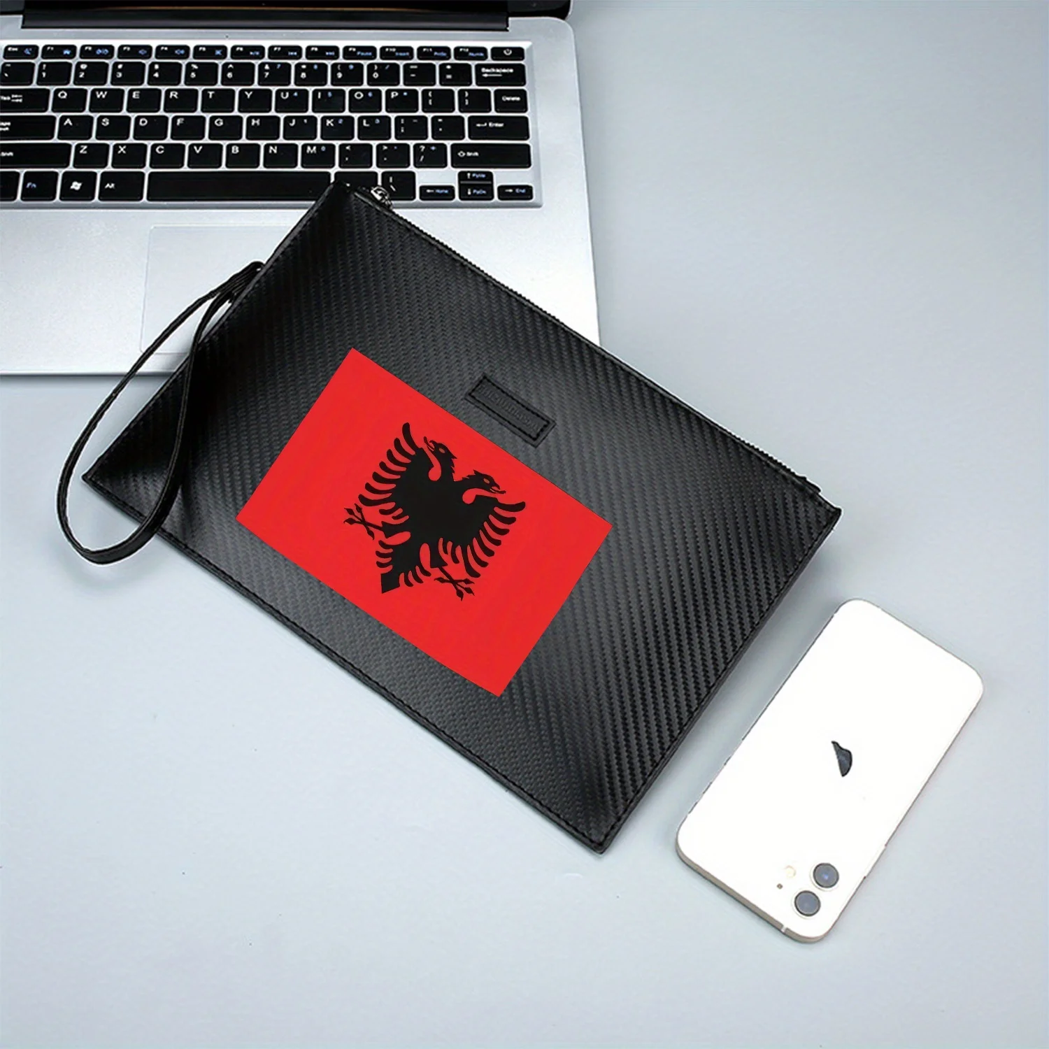 Black eagle on red flag Elegant Printed PU Men's Handbag Fashionable and Practical for Everyday Carry