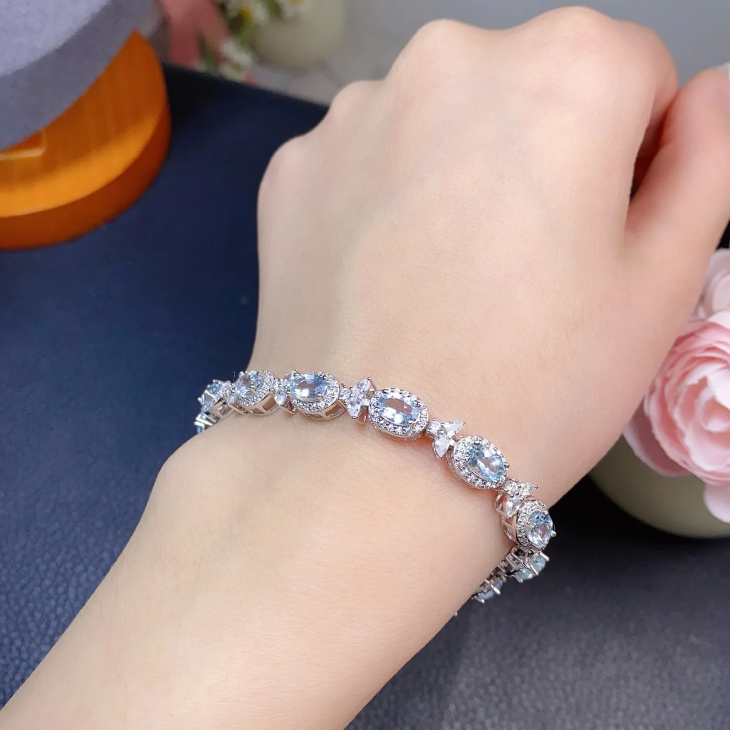 

S925 Sterling Silver Aquamarine Bracelet, 4x6mm Natural Gemstone, Gold-Plated Electroplated Jewelry