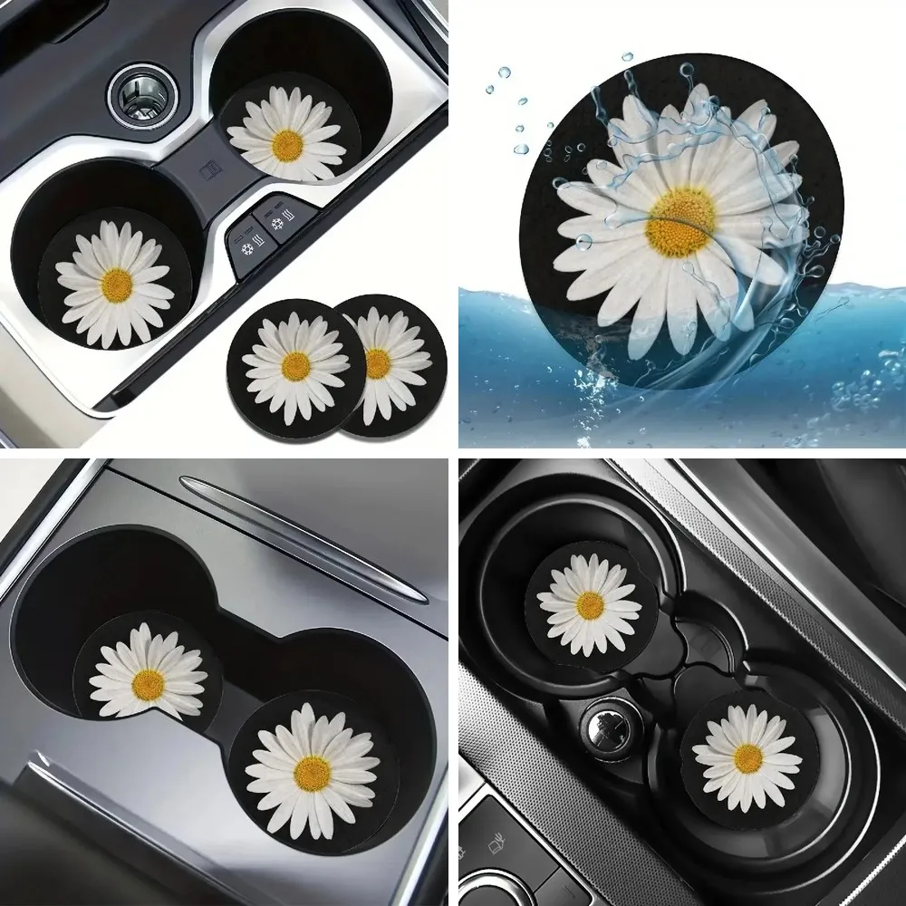 2PCS Non-Slip Daisy Insulated Cup Holder Pads, Absorbent Heat-Resistant Car Coasters
