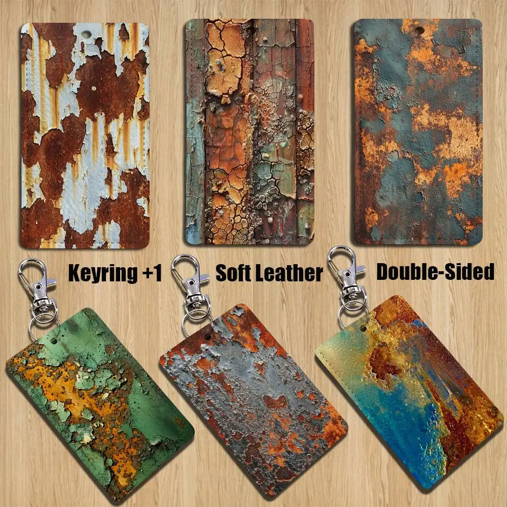 

Industrial R-Rust PrintS Art Rectangle ID Card Case Keychain Access Card Bag Key Tag Ring Leather Card Holder Key Ring Access