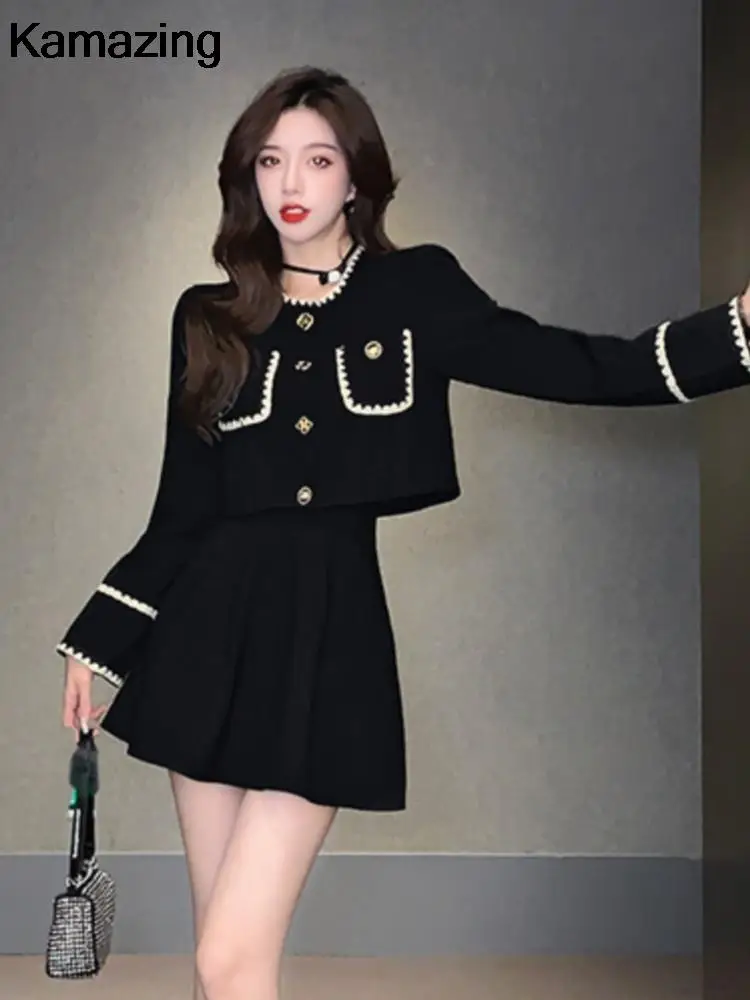 Autumn New Elegant Two-Piece Skirt Sets Women Korean Fashion Chic Crop Jacket Coat Solid Mini Skirt Female Clothing Y2K Outfits