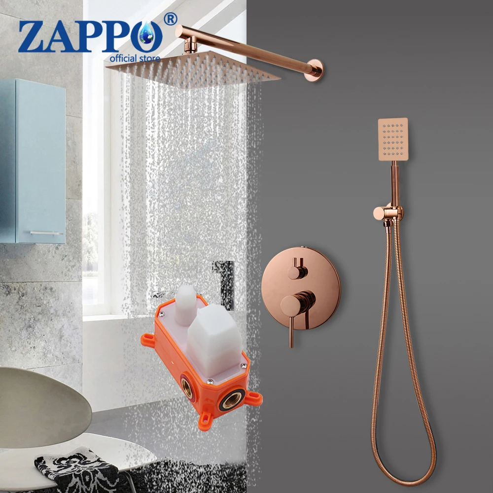

ZAPPO Роскошный душевой набор из розового золота со скрытой коробкой, смеситель для душа в ванной комнате, ручной распылитель, настенная душевая система