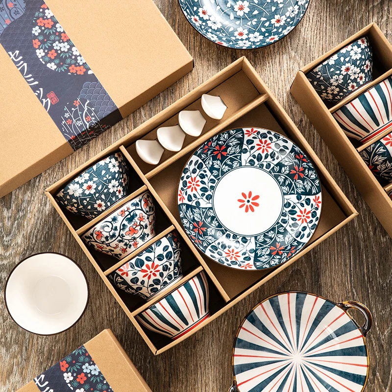 Ceramic Bowl Gift Box Set Japanese Ceramics Tableware Porcelain Rice Bowl Salad Snack Cup Home Kitchen Supplies Cutlery Set