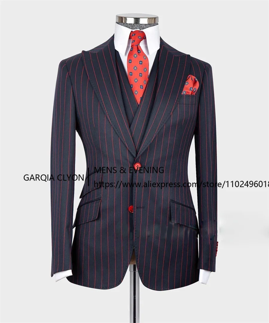 Men\'s Suit Navy Blue Red Stripe Tuxedo 3PCS Blazer Vest Pants Autumn/Winter For Wedding Groom Formal Business Party Male Costume