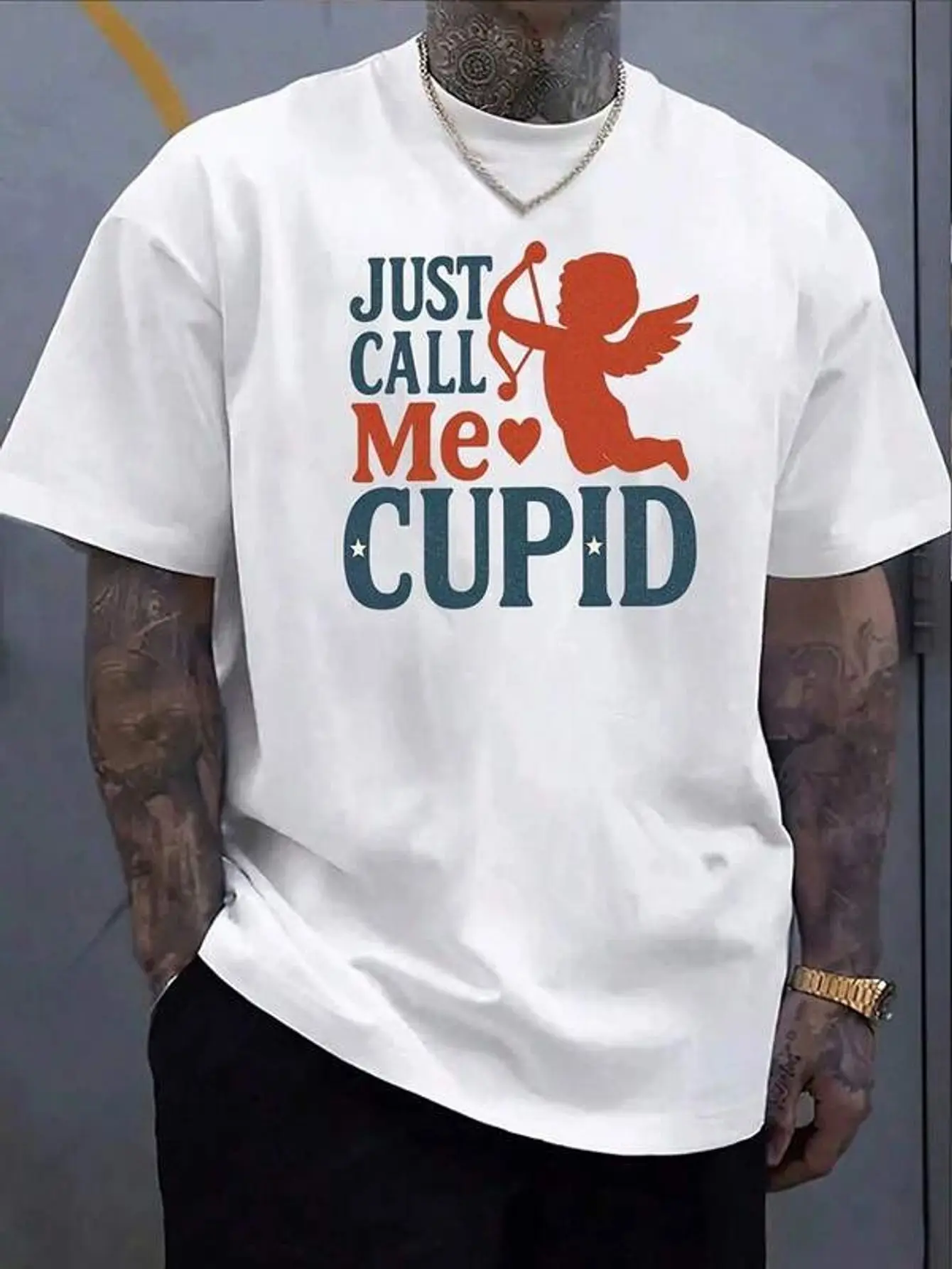 Just Call Me Cupid Men's Graphic Print Pure Cotton TShirt Retro Valentine's Day Love Arrow Tee,Breathable Soft Fabric,Casual Wear For Date Night Or Romantic Gift For Him