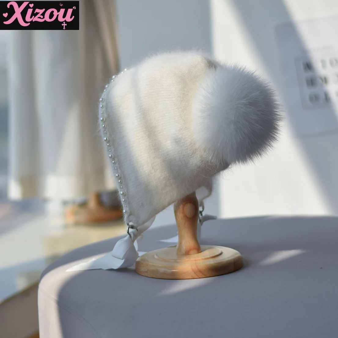 Japanese lolita elegant pearl bow princess hat women's winter ear protection warm headgear cute versatile rabbit fur knitted hat