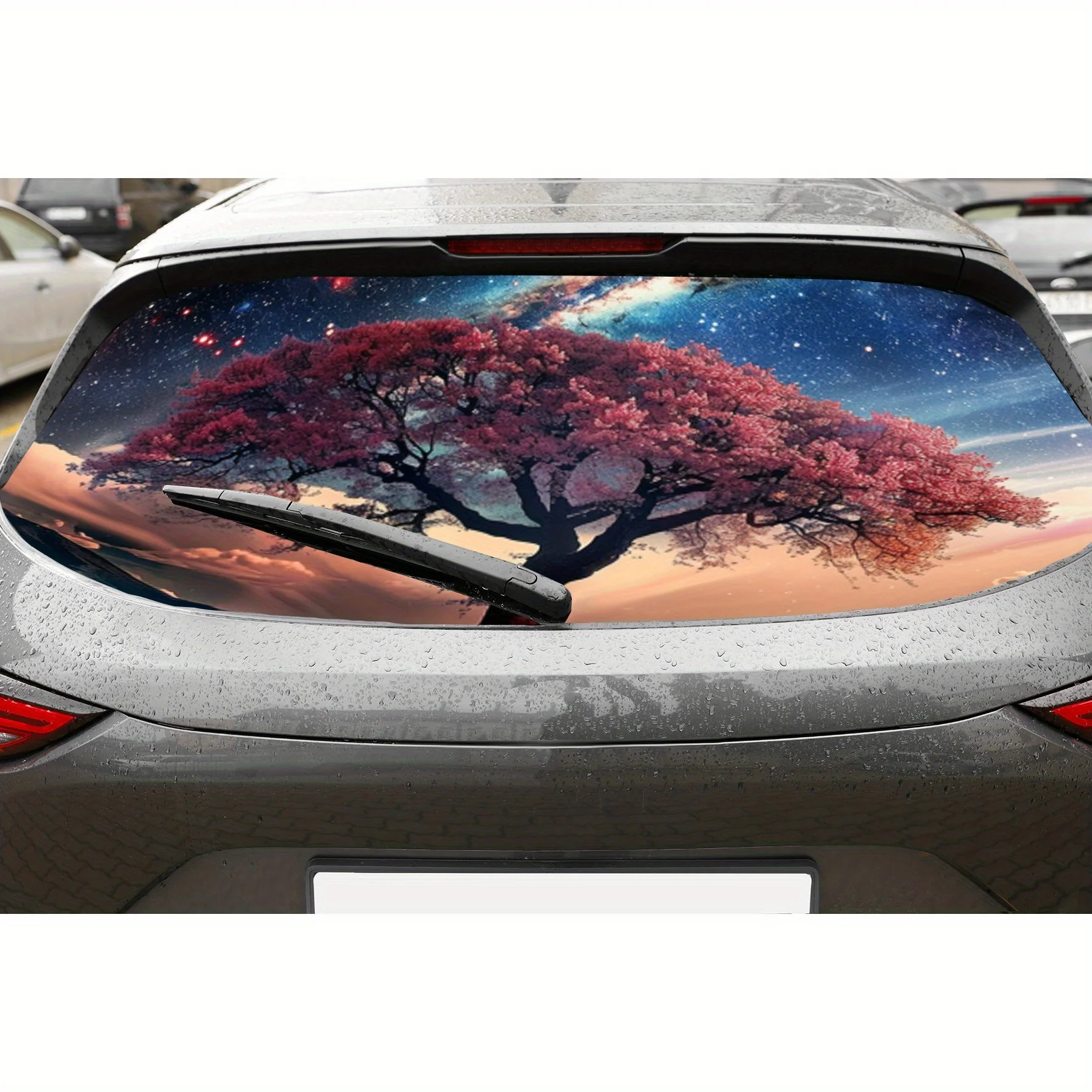 

Pink cherry blossom trees under the stars PVC material self-adhesive waterproof car rear window sticker, easy to paste without f