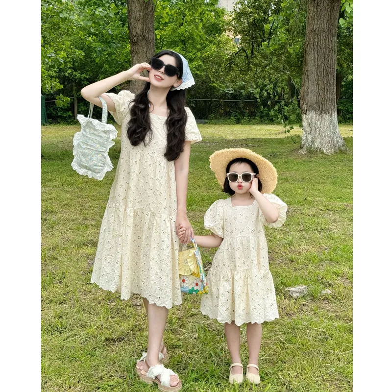 Matching Mother Daughter Dress 2024 Summer Mom and Baby Girl Shor Sleeeve Dresses for Women Clothing Korean Children\'s Frocks