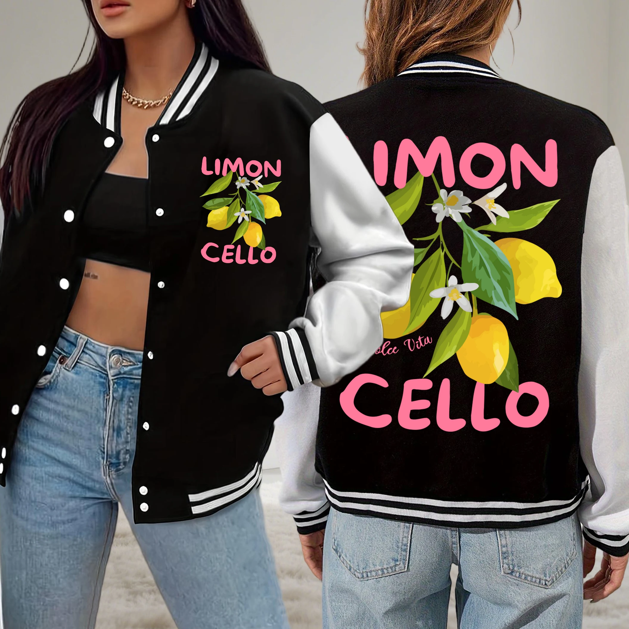 

Lemon Fruits Cello Pink Letter Pattern Women Jackets Fleece Fashion Baseball Uniform Sport Oversized Streetwear Soft Clothes