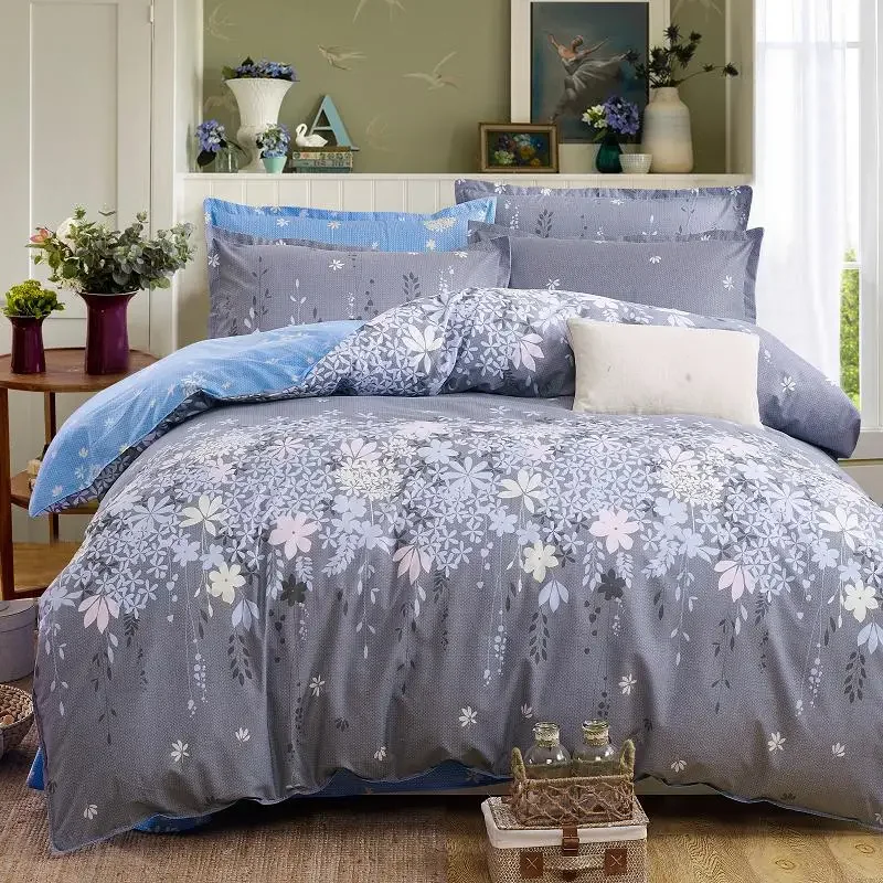 Classic bedding set 5 size grey blue flower bed linens 4pcs/set duvet cover set Pastoral bed sheet AB side duvet cover 50