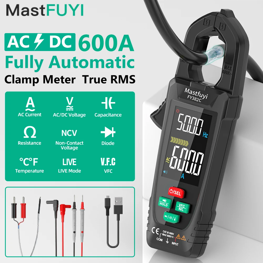 MASTFUYI 600A Fully Automatic Large Sceen True RMS Digital Clamp Meter Reachargeable Multimeter Non Contact Voltage Detection