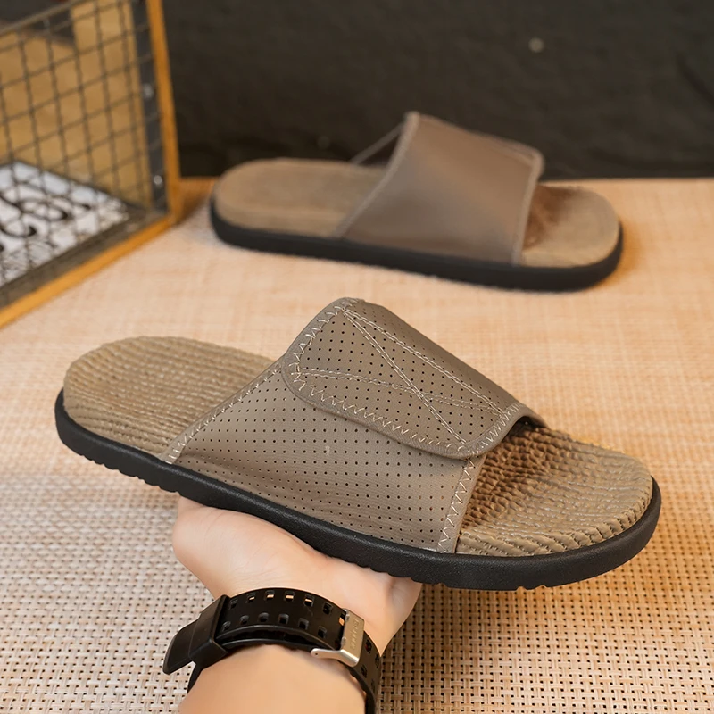 Men's casual cork footbed slippers summer new soft-sole anti-slip breathable insole slides lightweight outdoor walking slippers
