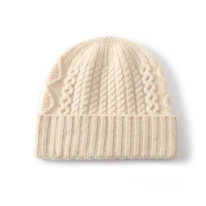 Pure Wool Hat for Men And Women Thick Twisted Knit Warm Woolen Cap with Earflaps All-Matching Autumn Winter Toque