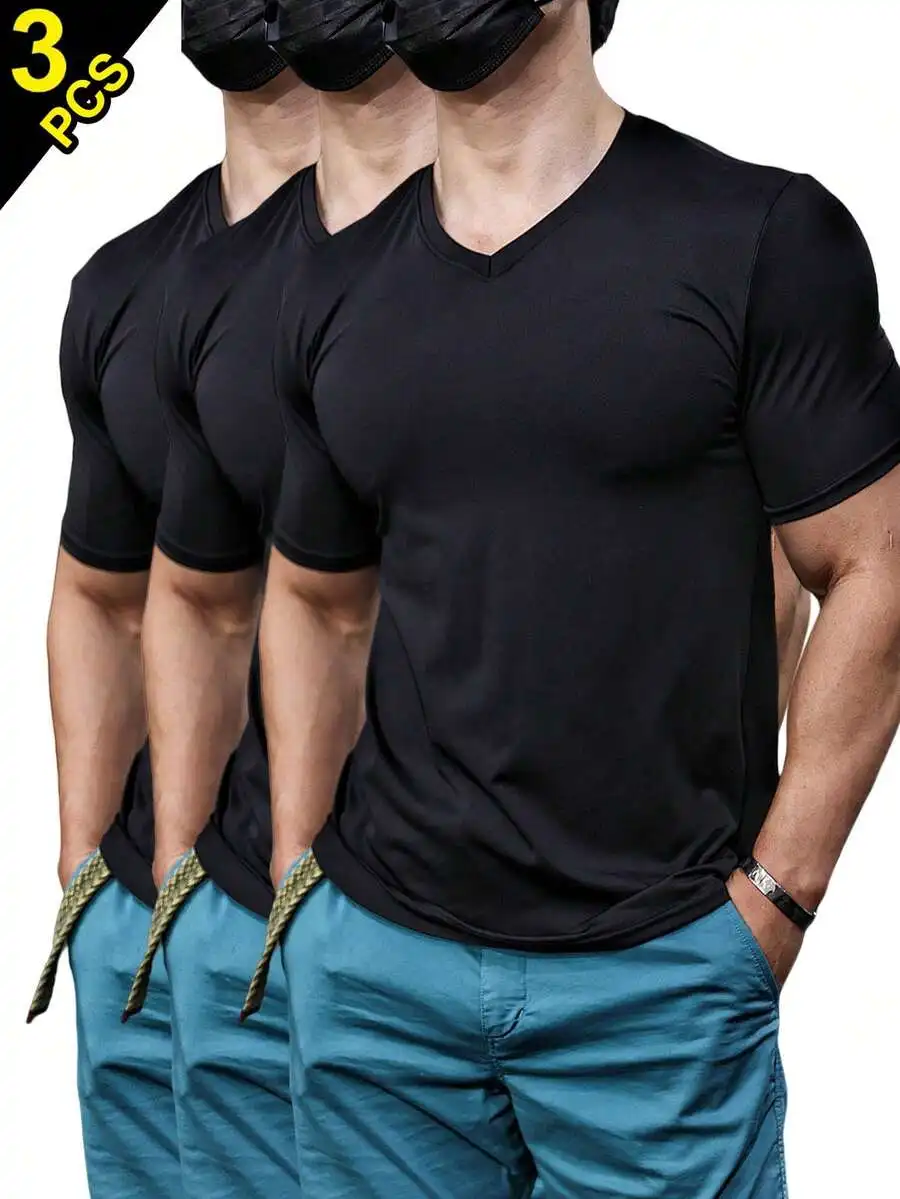 

3-Pack Men’s Black V-Neck Short Sleeve Performance Tee, Quick-Dry Polyester For Gym, Running And Daily Wear