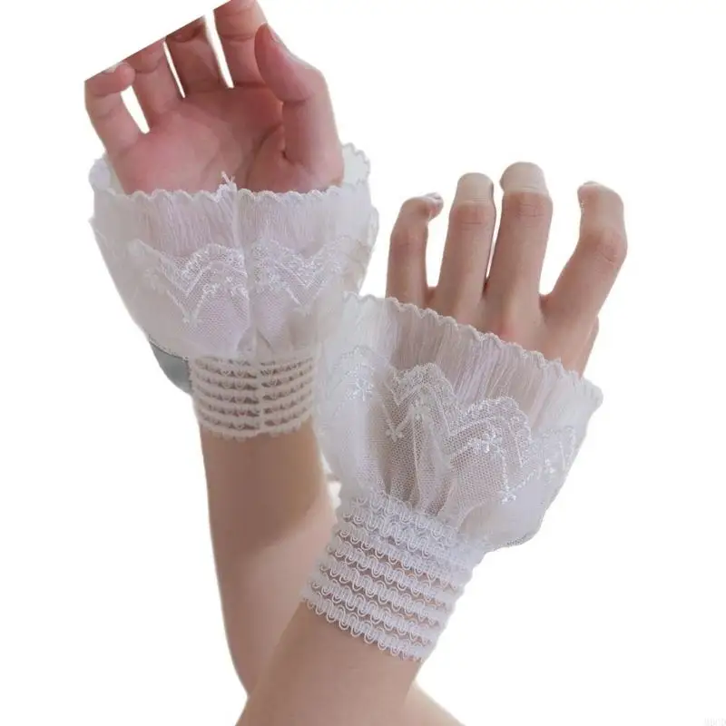 M6CD Guantes encaje volantes Mangas flores blancas Extensión manguito decorativo para mujeres