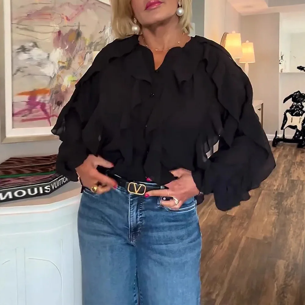 

Новинка осени 2025 года, женская модная элегантная однотонная рубашка с v-образным вырезом и длинными рукавами, топ